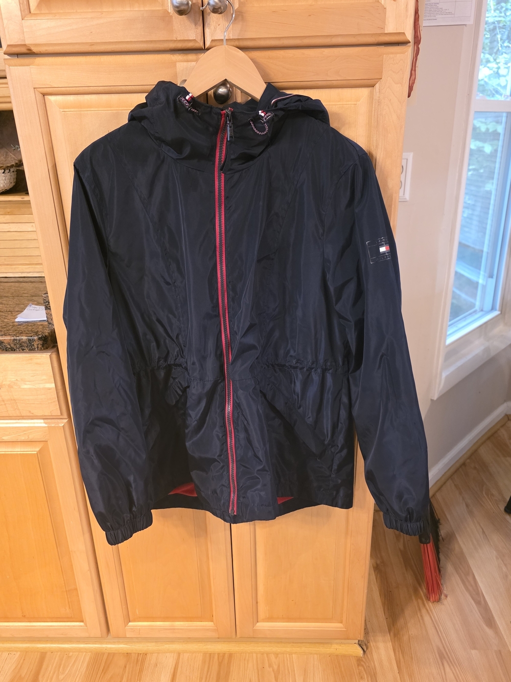 Tommy Hilfiger Women's Navy Hooded Windbreaker Jacket with Red Trim
